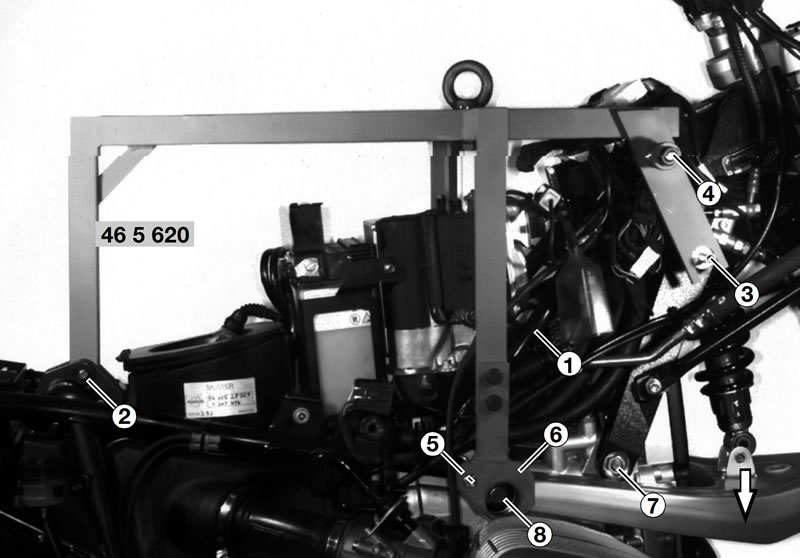 Installing auxiliary frame (raising frame unit clear of engine) (BMW R ...