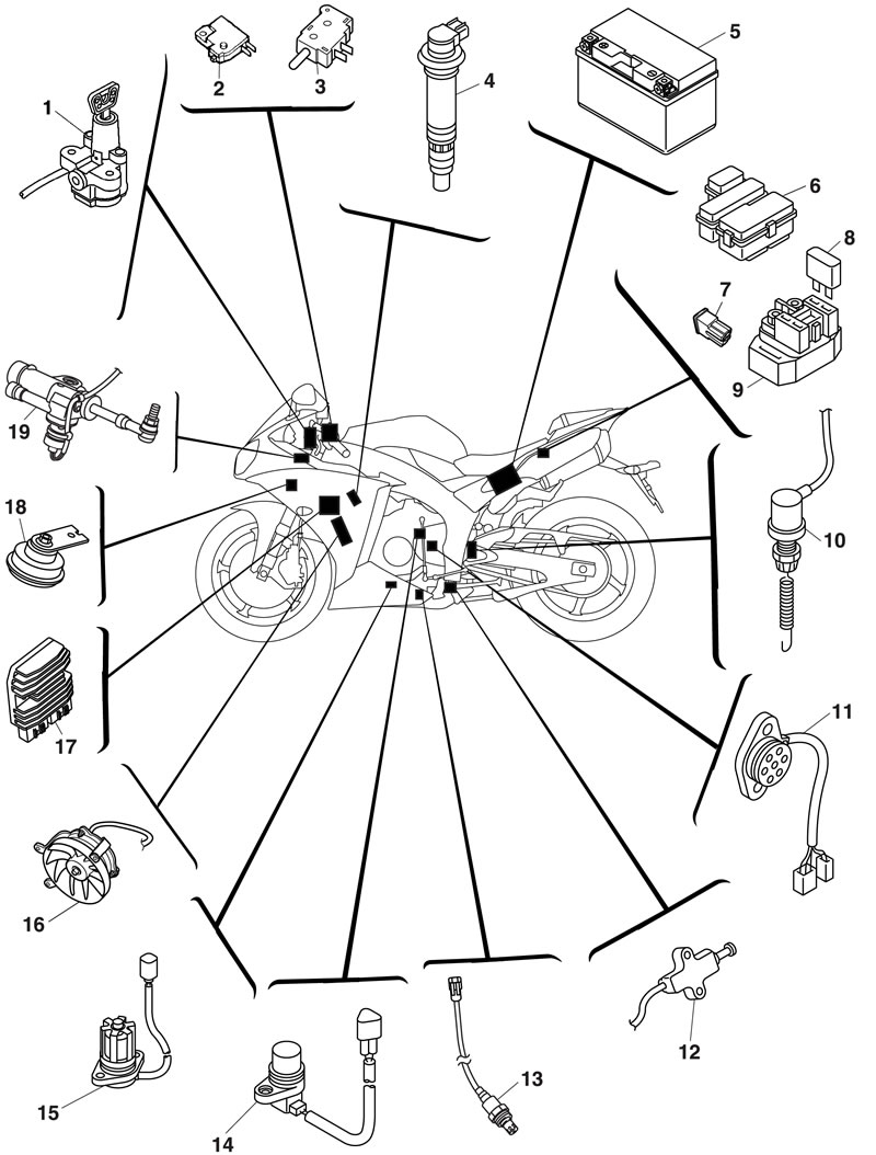 Electrical components of motorcycle (Yamaha YZF-R1, 7 generation, 2009 ...